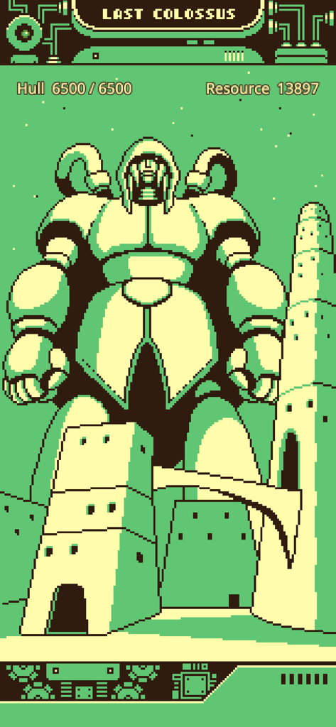 Last Colossus - A giant mecha robot standing behind buildings in a green monochrome retro pixel art style from Last Colossus.