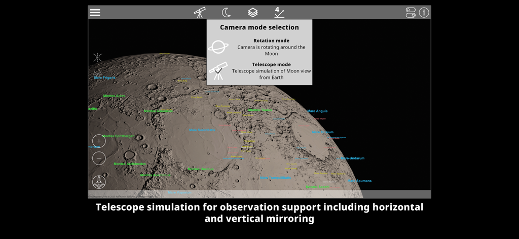 GlobeViewer Moon PRO - Interface of GlobeViewer Moon PRO showing camera mode selection for telescope simulation over a 3D lunar surface with crater labels.