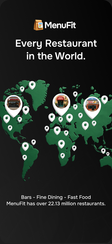 Mapa mundial mostrando o banco de dados de mais de 22 milhões de restaurantes do MenuFit para opções de alimentação saudável.