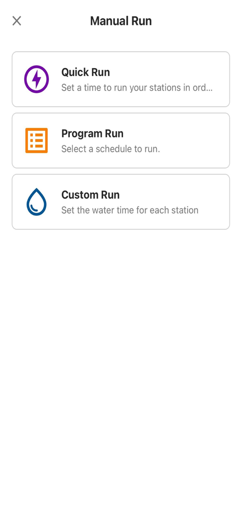 Manual run options menu in the Rain Bird 2.0 app showing Quick Run, Program Run, and Custom Run