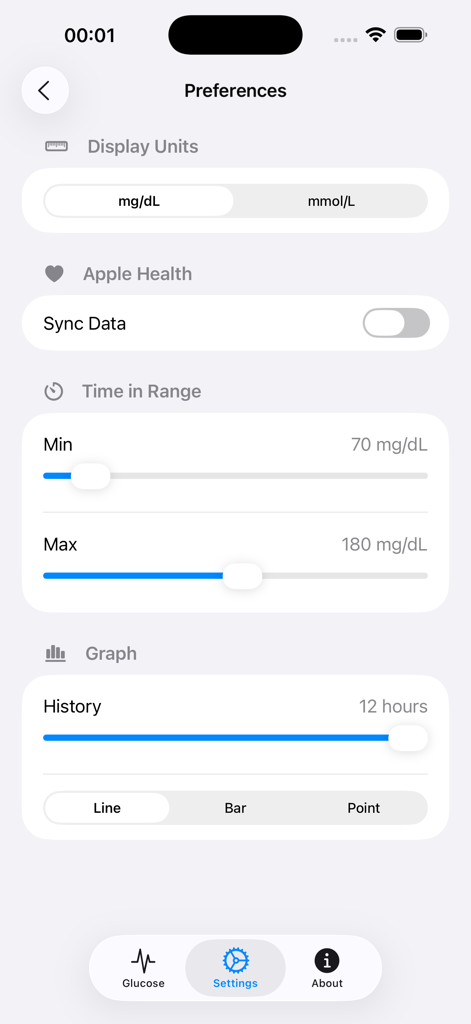 GlucosePhone - Preferences screen of GlucosePhone app showing glucose unit settings and Apple Health sync options