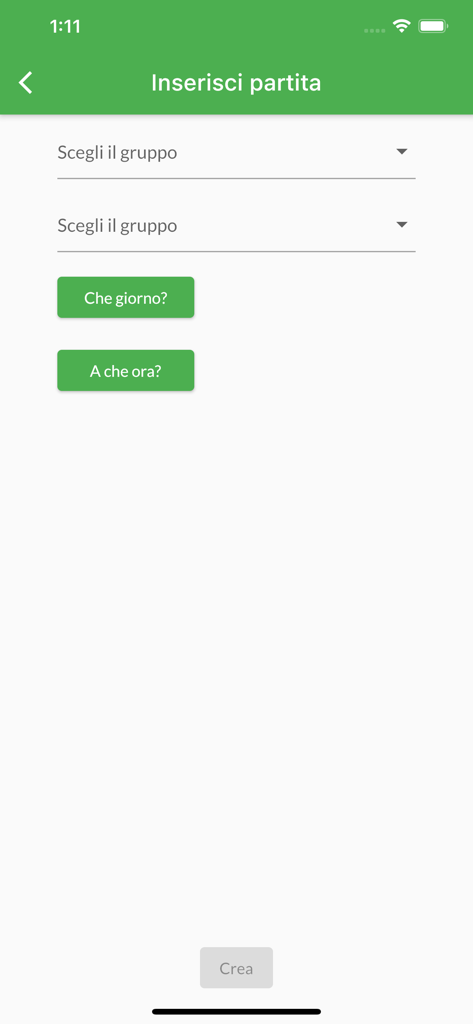 Interfaccia di pianificazione delle partite del torneo con selezione della squadra e pulsanti di selezione dell'ora.