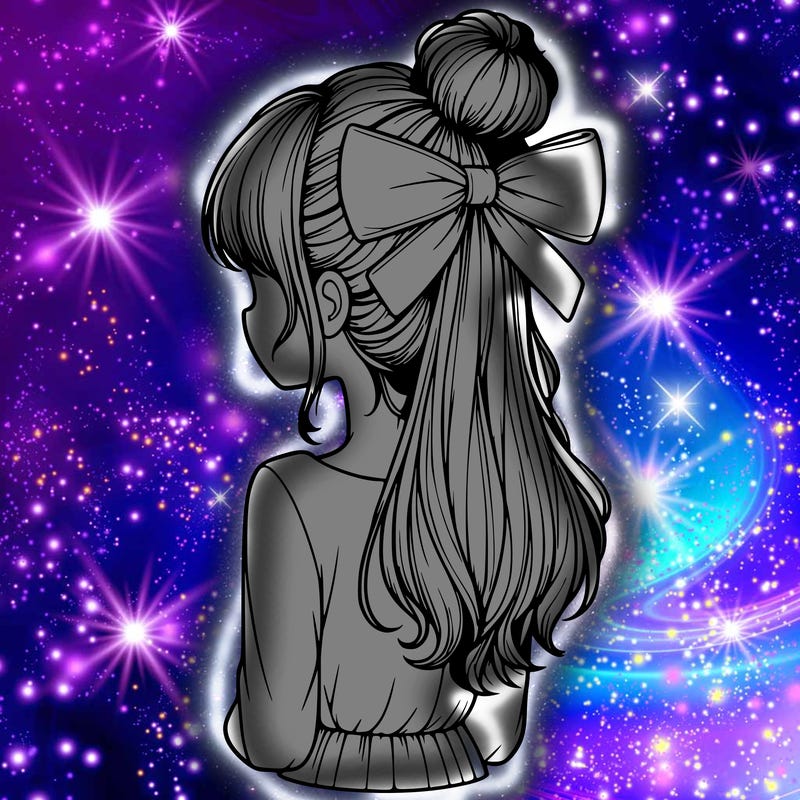 realistic girl  with hip length hair a bun and a big bow on the back of head