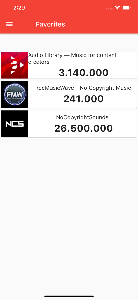 Subscribers Counter - 구독자 카운터 앱의 즐겨찾기 화면에 각 실시간 구독자 수가 표시된 유튜브 채널 목록.