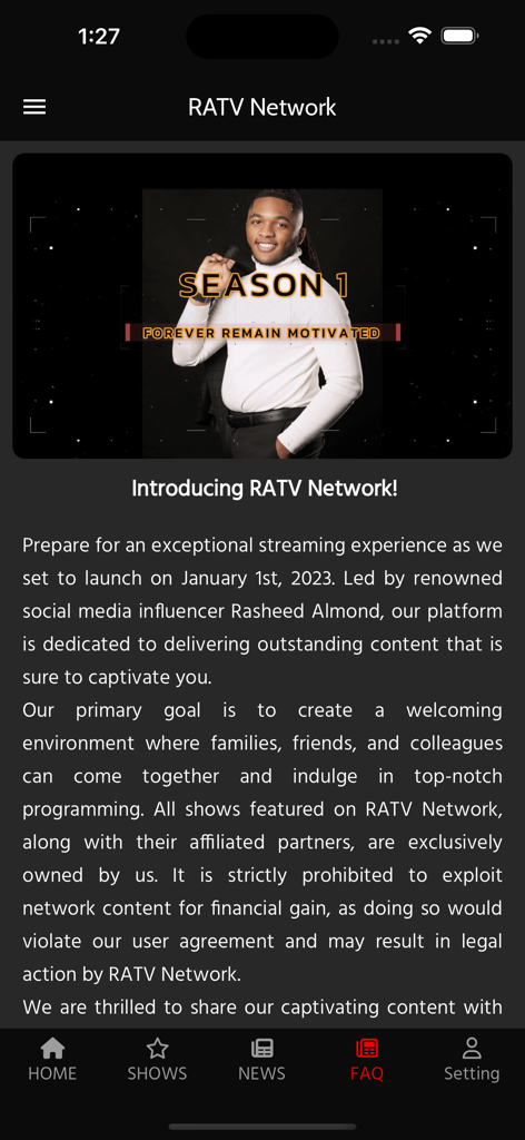RATV Network - RATV Network app home screen with Rasheed Almond and Season 1 announcement