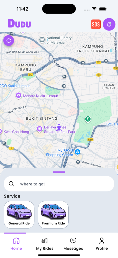 DUDU Car Malaysia - Startbildschirm der DUDU Car Malaysia App mit einer Karte von Kuala Lumpur und Optionen für Fahrten mit Elektrofahrzeugen