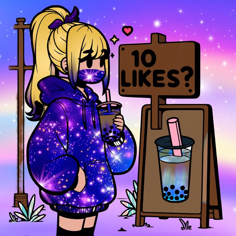 girl with oversized hoodie drinking boba and she has a high ponytail with a sign that says 10likes?