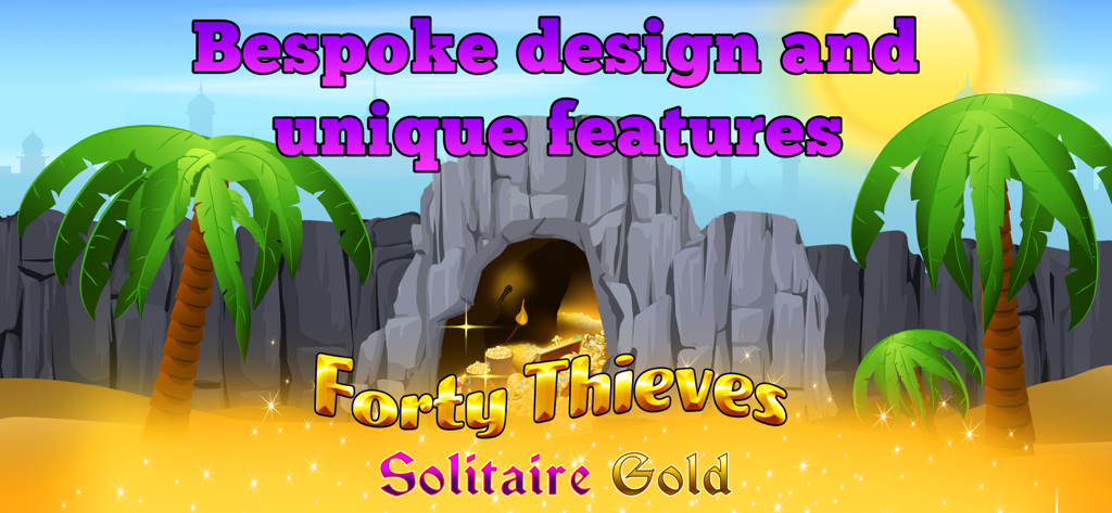 Gráfico promocional de Forty Thieves Solitaire Gold con tema desértico de Las Mil y Una Noches y una cueva llena de oro