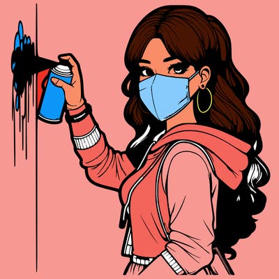 realistic girl with mask spray painting a wall