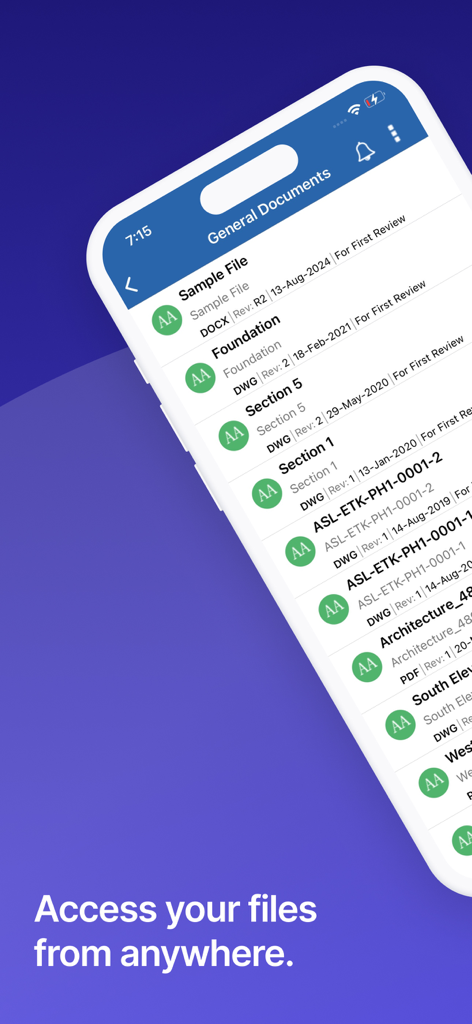 Asite CDE Mobile - Asite CDE Mobile app interface displaying a list of construction project documents including drawings and foundations with revision details