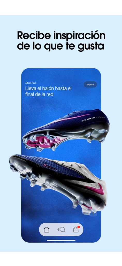 Pantalla de inspiración de la aplicación móvil Innovasport con tacos de fútbol Nike