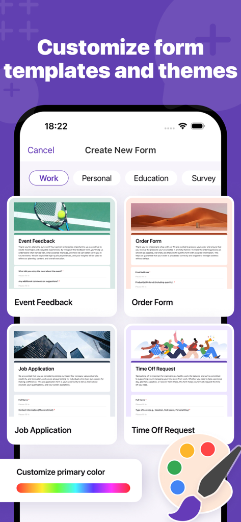 Forms for Google Docs - Pantalla para elegir y personalizar plantillas y colores de Google Forms