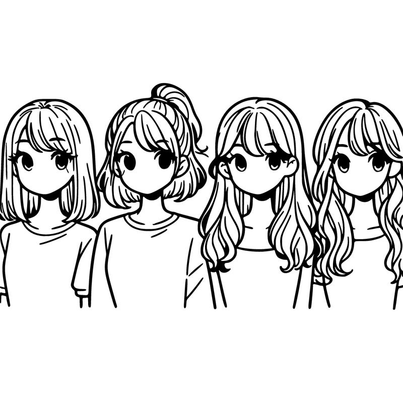 four girls two with shoulder length hair one with short hair the other with a low ponytail