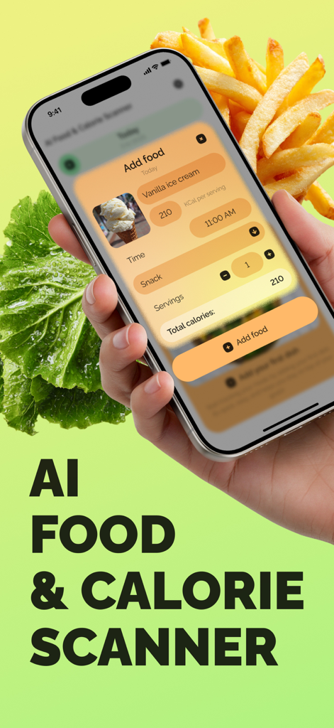 AI Food & Calorie Scanner - Una mano sostiene un teléfono inteligente que muestra la interfaz de la aplicación Escáner de Comida y Calorías con IA utilizada para registrar un snack de helado de vainilla.