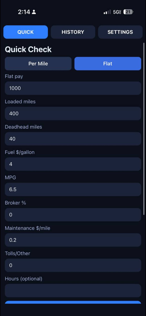 Interface of the Load Profit Quick Check app showing input fields for trucking load profitability calculations