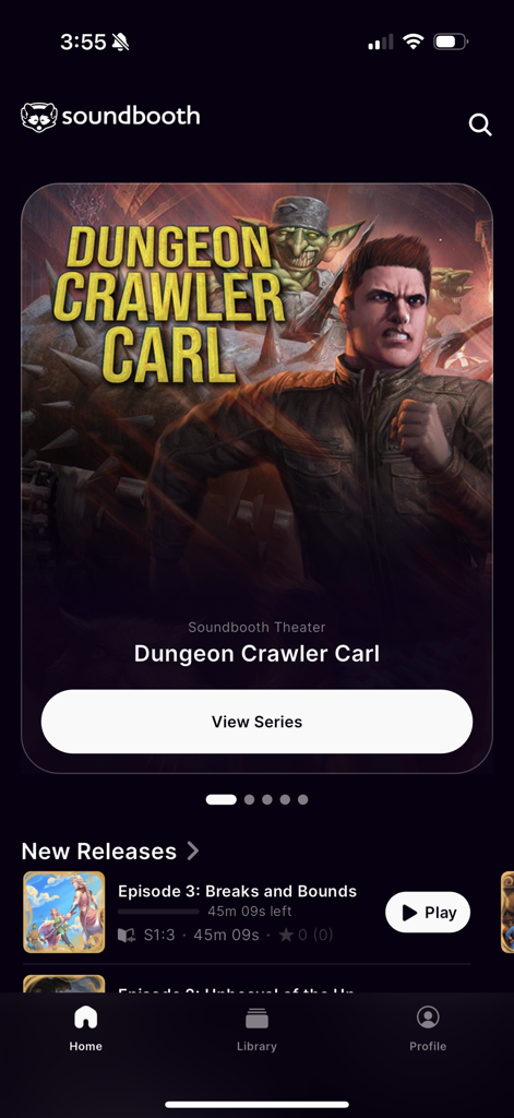 Startbildschirm der Soundbooth App mit der Hörbuchreihe Dungeon Crawler Carl