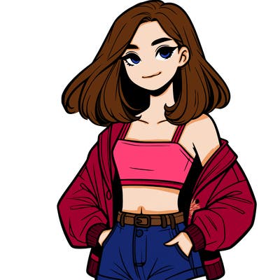 a realistic girl with a crop top and short shorts in an open jacket