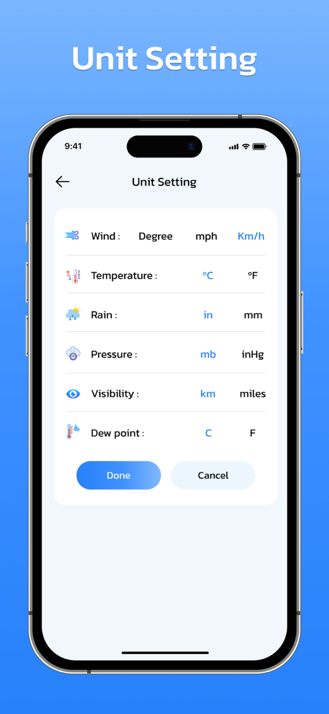 Interface of the Weather AI app unit setting screen for customizing wind, temperature, and pressure measurements