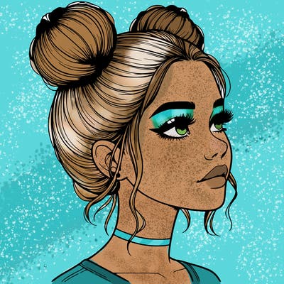 realistic girl with buns on the top of her head