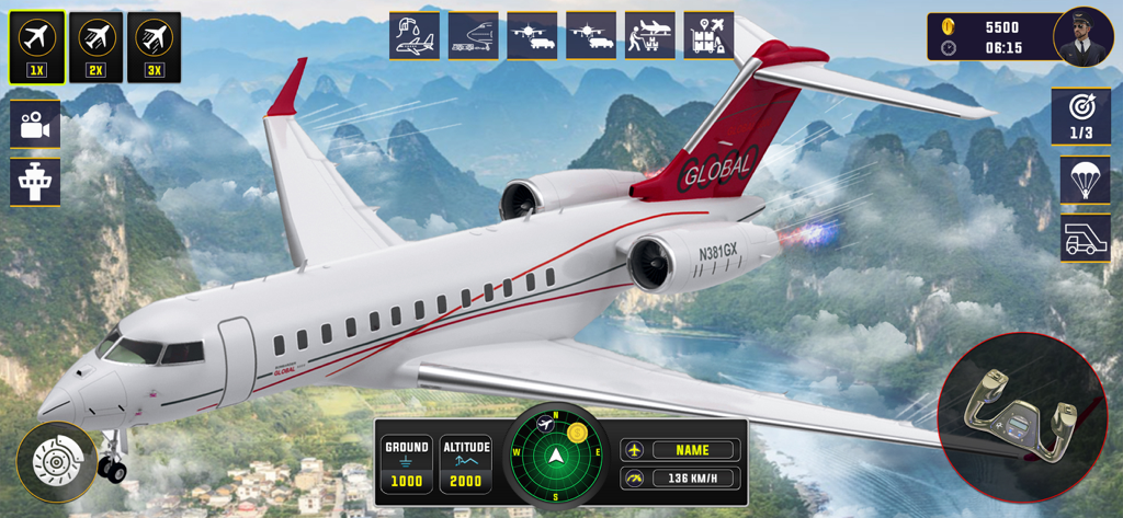 Pilot Airplane Simulator Games - Un jet privado volando sobre montañas con una interfaz de juego de simulador de vuelo