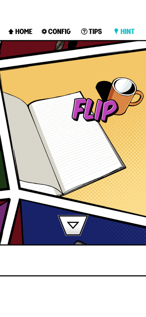 Panel Room - Escape Game - - Comic book style interface of an escape game showing a notebook being flipped and a coffee mug