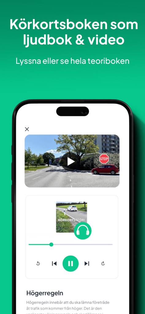 Interfaz de la app móvil Trafiko mostrando lecciones teóricas para el permiso de conducir sueco con opciones de video y audiolibro