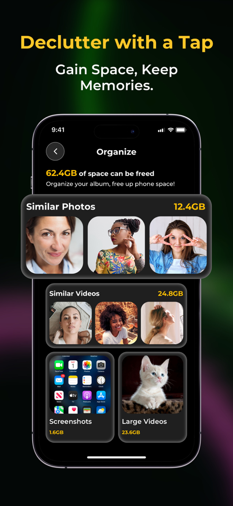 SnapSort: Photo Organizer - SnapSort app interface showing categories like similar photos and large videos to free up iPhone storage space
