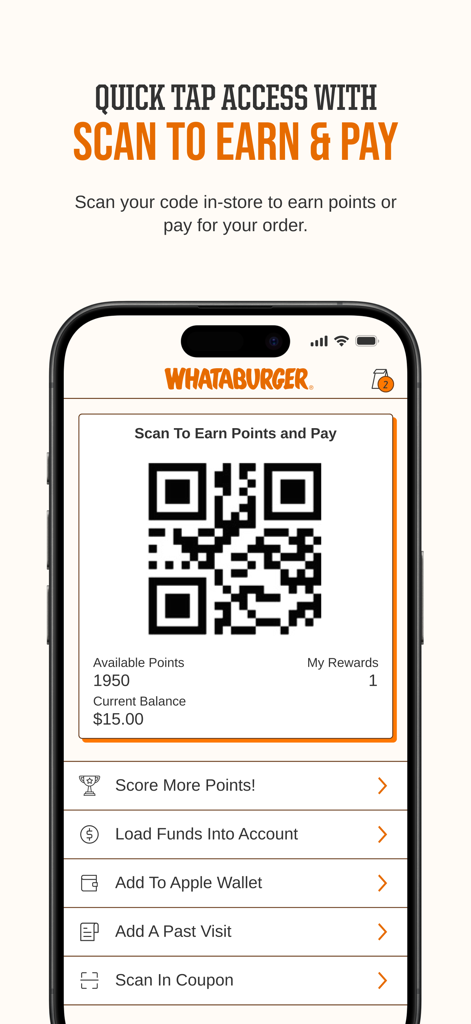 Whataburger mobile app screen displaying a QR code for scanning to earn points and pay in-store