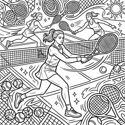 Experience the thrill of the court with this dynamic coloring page featuring female tennis players in action. Perfect for sports enthusiasts, it captures the energy and skill of a competitive match.