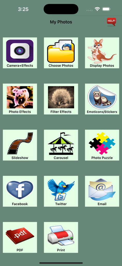 My-Photos - Main menu of the My-Photos app featuring a grid of icons for photo editing, slideshows, puzzles, and printing features