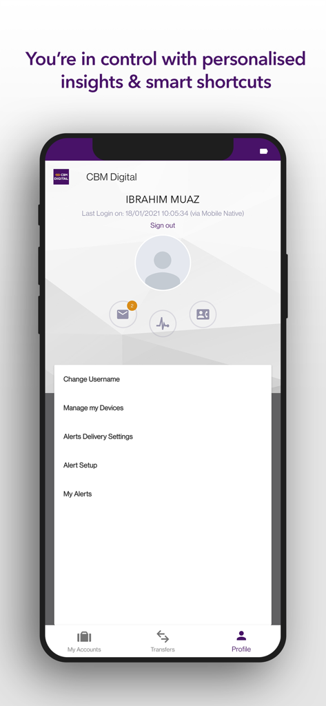 CBM Digital mobile banking app profile and settings interface