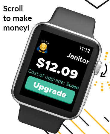 Corporate Climber - Idle Game - A close up of an Apple Watch showing the Corporate Climber idle game interface with a janitor role and an upgrade button