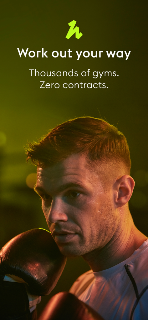 Hussle Flexible Gym Membership - A man wearing boxing gloves in a gym with text Work out your way and Hussle logo