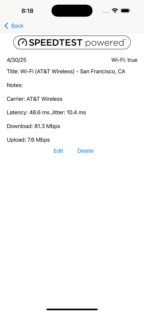 A network speed test result screen showing download and upload speeds for AT&T Wireless in San Francisco