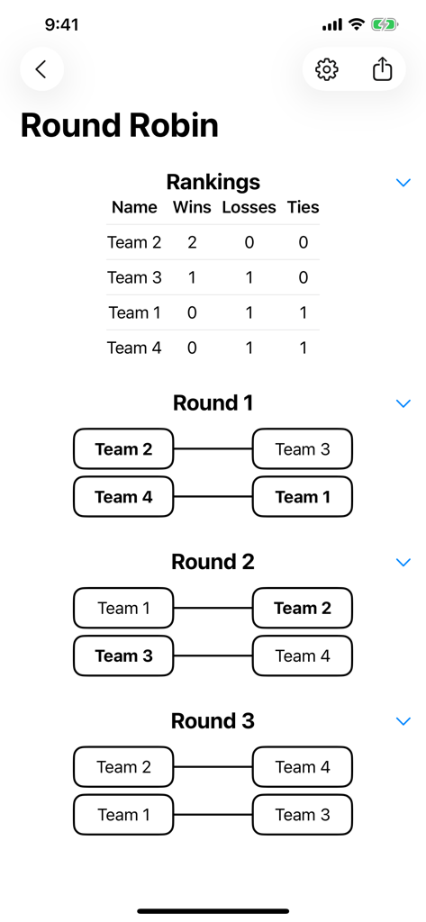 Bracket Builder - A mobile screen showing a round robin tournament leaderboard and match rounds within the Bracket Builder app