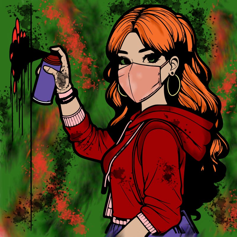 realistic girl with mask spray painting a wall