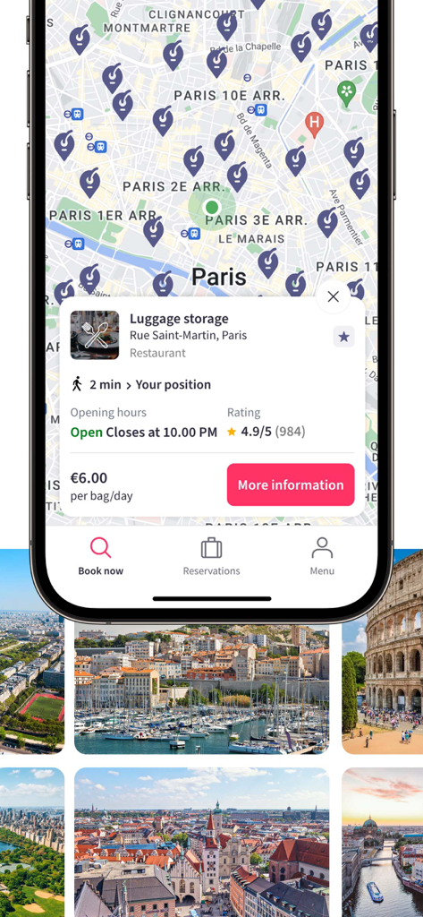 パリの地図上に荷物預かり場所を表示するNannybagモバイルアプリのインターフェース
