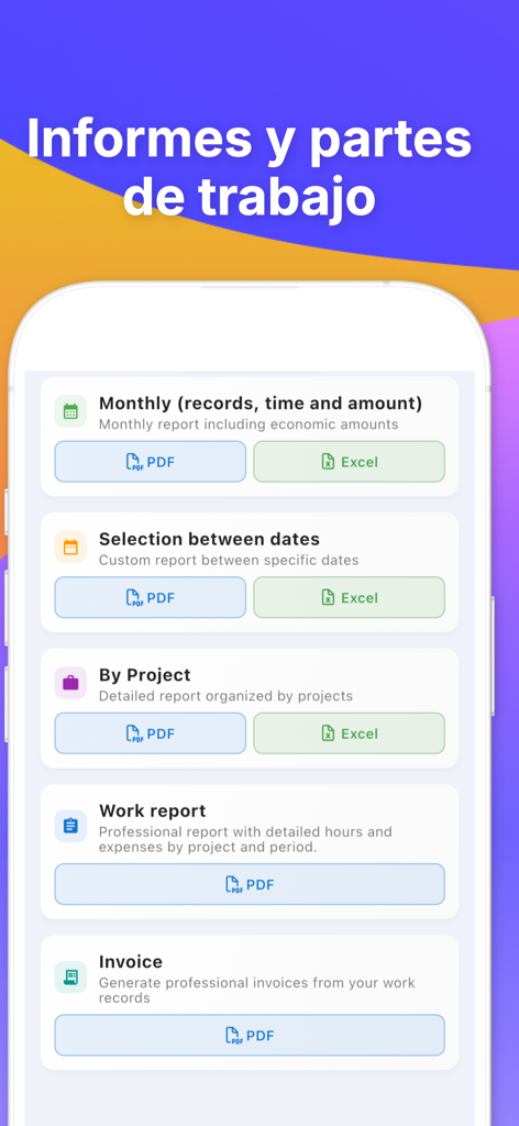 WorkTime: Hours Tracker Log - Pantalla de la aplicación WorkTime que muestra opciones para exportar informes de trabajo y facturas como archivos PDF o Excel.
