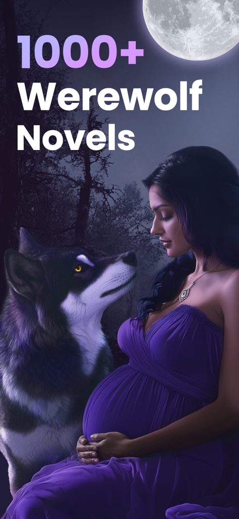Moonlit - Werewolf Audiobooks - A pregnant woman in a purple dress standing next to a wolf under a full moon in a dark forest