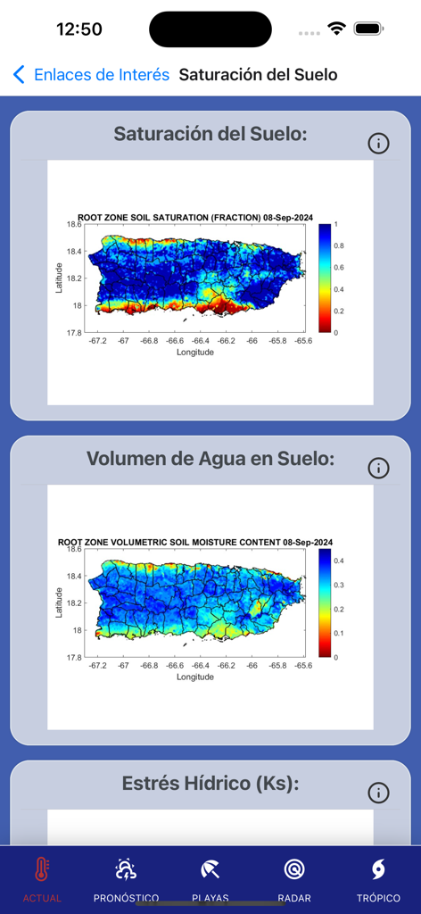 NextWeather: Weather and more! - NextWeather app showing soil saturation and soil water volume maps for Puerto Rico