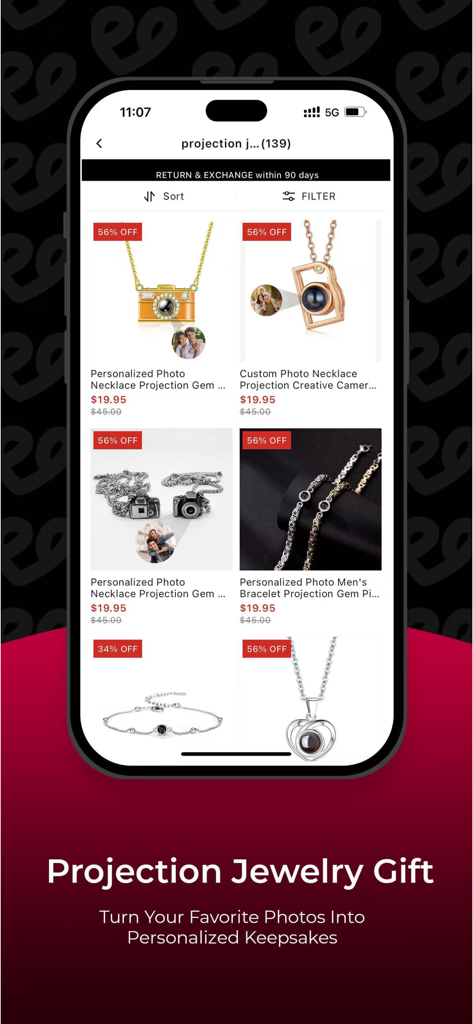 SOUFEEL - Personalized Gifts - Soufeel app interface showcasing personalized projection necklaces and bracelets with customer photos