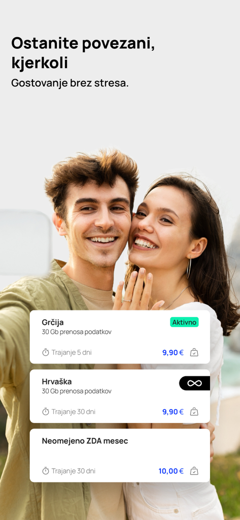 Telemach Slovenija - Telemach Slovenija app interface showing international roaming data packages for Greece Croatia and USA