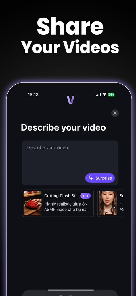 VideoAI: AI Video Generator+ - User interface of VideoAI app showing a text prompt box to describe and generate AI videos with example video templates