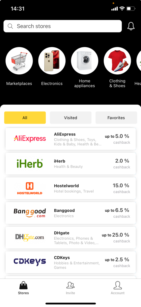 Captura de ecrã da app LetyShops mostrando uma lista de lojas e as respetivas percentagens de cashback disponíveis