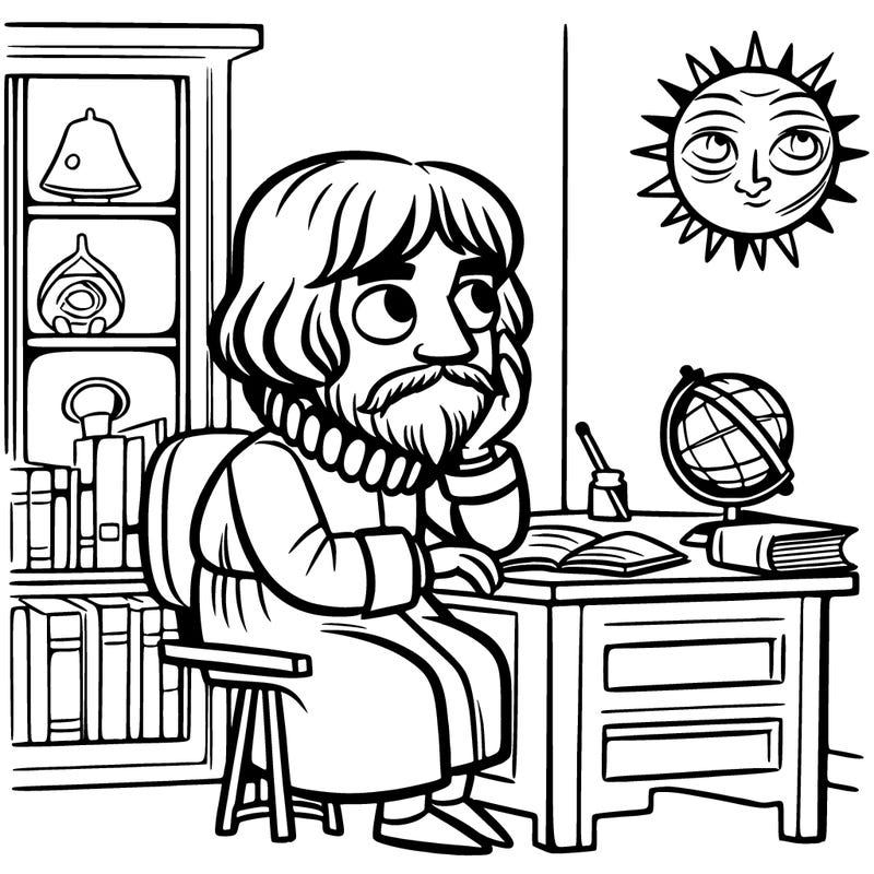 copernicus in his office contemplating about the sun and the earth