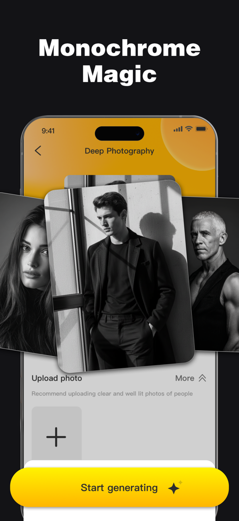 PixMuse: AI Photo Editor - PixMuse app interface showing professional black and white AI portrait generation with a monochrome magic feature