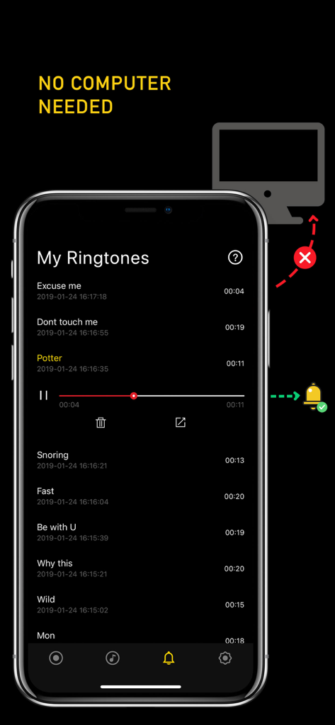 Smartphone displaying Ringtone Maker plus app interface with a list of custom ringtones and text indicating no computer is needed