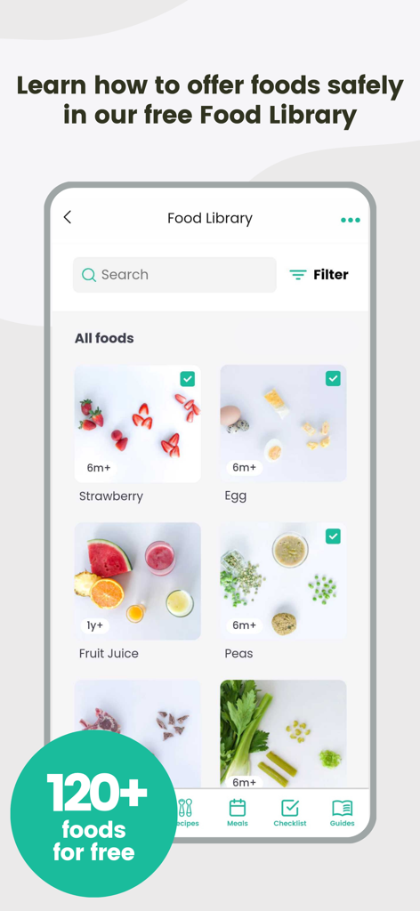 Una pantalla de la aplicación móvil que muestra la biblioteca gratuita de alimentos de Comidas BLW con guías de preparación seguras y fotos para iniciar los sólidos del bebé.