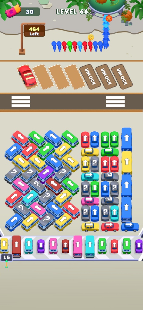 Bus Escape: Traffic Jam - Um nível de puzzle colorido em Bus Escape Traffic Jam onde os jogadores classificam bonecos em autocarros de cores correspondentes.