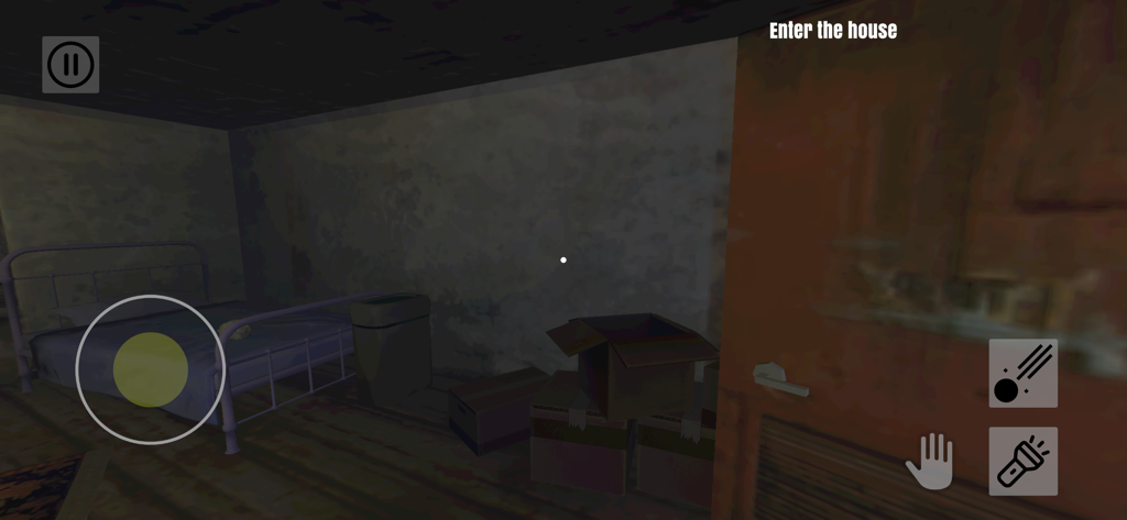 Escape Room : Keep Awake - First person view of a dark spooky bedroom with a bed and boxes in the horror game Escape Room Keep Awake